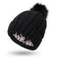 Black cable knit beanie with fluffy pom-pom and protective grey satin lining for hair - Black