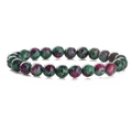 Natural ruby in zoisite beaded bracelet with green and red mineral stones on white background - Green Flower Stone