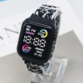 Digital sport watch with black square dial and black white leopard print elastic strap - White Leopard