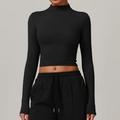 Women's black quick-dry yoga set featuring a mock neck crop top and drawstring joggers - S / Premium Black
