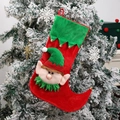 Calza di Natale elfo in tessuto rosso e verde con dettagli 3D e campanellini - Calza da elfo rossa