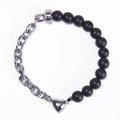 Detail of magnetic heart clasp connecting silver metal chain and black matte beads - Matte Stone Bracelet