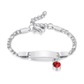 Silver stainless steel Figaro chain bracelet with blank ID plate and red stone pendant - January-Steel-16cm