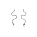 Detail of silver snake stud earrings with white zirconia stones and green gem eyes - White Gold