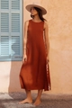 Detailed side view of sleeveless rust red midi dress with white wavy scalloped trim - S / Coffee