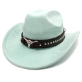 Detail of mint green faux suede cowboy hat with brown studded band and silver bull skull - Mint Green / M (56-58cm)