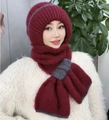 Winter wine red knit hat and scarf set with ear protection and warm fleece lining - Color Block Style / Burgundy