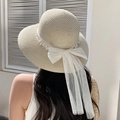 Cappello di paglia beige con eleganti perle finte e grande fiocco in rete bianca - Perla Pizzo Beige (D-383)