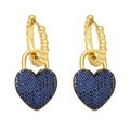 Golden heart-shaped lock earrings with shimmering blue zircon pave in a classic design - Blue
