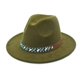 Détail d'un chapeau en feutre vert olive avec ruban en cuir orné de perles ethniques - M (56-58cm) / Vert Militaire