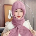 Close-up of pink knit hood scarf showing soft squirrel wool texture on a female model - Pink