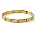 Multi-color Tila bead bracelet featuring gold metal blocks and green resin stones - Green