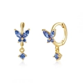 Golden butterfly hoop earrings with blue zircon stones and dangling sapphire-like gems - Sapphire Blue