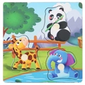 Wooden mushroom nail puzzle featuring panda, giraffe, and elephant animal patterns - Wildlife 3-in-1 Peg Puzzle