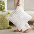 White square plush pillow cover with textured plaid patterns in a cozy living room setting - White Plaid Plush (Cover Only) / 18x18 Inch
