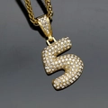 Gold finish 316L stainless steel hip-hop pendant featuring number 5 with iced out crystals - Number 5 / Pendant Only / Gold