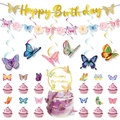 Detailed butterfly party set with Happy Birthday banner and glittery cake toppers - Butterfly Banner, Garland, Spirals, Large And Small Toppers