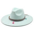 Detail of wide brim suede fedora featuring ethnic woven band and colorful tassels - M (56-59cm) / Mint Green