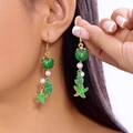 Ocean theme dangle earrings with green shell, starfish charms and white pearls - Green Starfish Shell