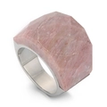 Translucent pink glass stone set in a minimalist silver titanium steel ring - Pink Natural Stone (KR82749-GC)