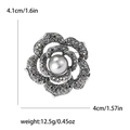 Spilla a rosa vintage in argento con strass neri e perla, misura 4,1 cm per 4 cm - Nero