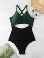 Détail du maillot de bain une pièce licou vert foncé avec taille froncée amincissante noire - S / Haut Et Bas / Vert + Noir