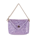 Purple glitter mini shoulder bag with gold chain strap and snap closure on white background - Lavender