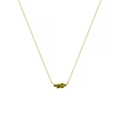 Detail of gold necklace featuring five graduated round green gemstones on a delicate link chain - August / Olive Green