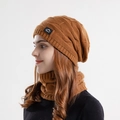 Ensemble bonnet et écharpe en tricot marron caramel avec doublure polaire et losanges - Caramel