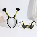 Yellow and black striped bee headband and glasses party set for creative costume dressing - Black Ball Bee Headband + Yellow Glasses Long Antenna