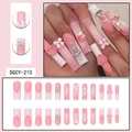 Pink and white long coffin press-on nails with 3D bows and cute heart patterns - SGCY-210 Pink White Bow Heart Penguin Style