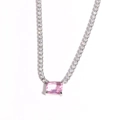 Silver necklace with a square pink gemstone and sparkling full diamond pave chain - Silver Pink Zirconia Square