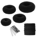 Detail view of black hair styling kit including sponge bun makers, bands and bobby pins - 30-Piece Black Set / Black