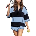 Dames tweeledige gestreepte loungewear set met rits-top en korte broek in blauw en zwart - Zwart+Blauw