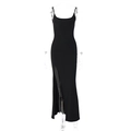 Close-up of black lace mesh backless dress with a high side slit and slim fit design - S / Black