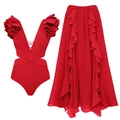 Detail of red deep-V swimsuit and ruffled maxi skirt set with 3D floral accents - S / Red Set