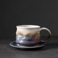 Service à café rétro japonais en céramique avec glaçage dégradé multicolore - Tasse et Soucoupe Ventrue Irrégulière (Bleu Four) 240ml