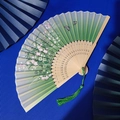 Bamboo folding fan with green gradient silk, floral bee prints, and matching tassel - Green Gradient Flower Bee