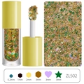 Detail of glitter gel ZL502 showing gold-green mixed hexagon and star shapes in clear bottle - Gold Green Mixed ZL502