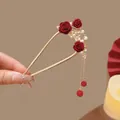 Chinese gold U-shaped hair pin with red velvet roses, pearls and long chain tassels - Aa0092 Three Red Flower Plum - Gold