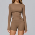 Ensemble de yoga marron café avec haut à manches longues et short de sport - S / Top And Bottom (Manches Longues + Short) / Brun Mocha