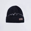 Berretto invernale nero con motivi di montagna grigi e toppa con logo in pelle marrone - Nero