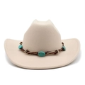 Classic beige western cowboy felt hat featuring a vintage woven band with turquoise stones - M (56-58cm) / Off White