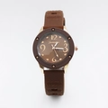 Detail view of vintage watch with brown leather-textured strap and gold metal casing - Coffee Silicone Strap