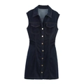 Retro dark blue denim sleeveless dress with V-neck and metal buttons on white background - XS / Dark Blue