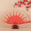 Elegant red Chinese folding fan with golden lace embroidery on a black wooden stand - Standard Type / Red