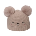 Close-up of beige knit hat with dual faux fur pom-poms and cute embroidered cat face - 52-54cm / Khaki