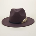 Close-up of a wide-brim wool fedora hat featuring a gold leaf buckle on a leather band - M(56-58cm) / Coffee