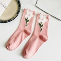 Mori style pink crew socks with white flower embroidery and wavy scalloped cuffs - One Size / Pink
