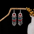 Bohemian silver drop earrings with red and blue beads on rustic wood branch - Antique Silver + Red Blue Beads Tassel (E5813-1/Red)